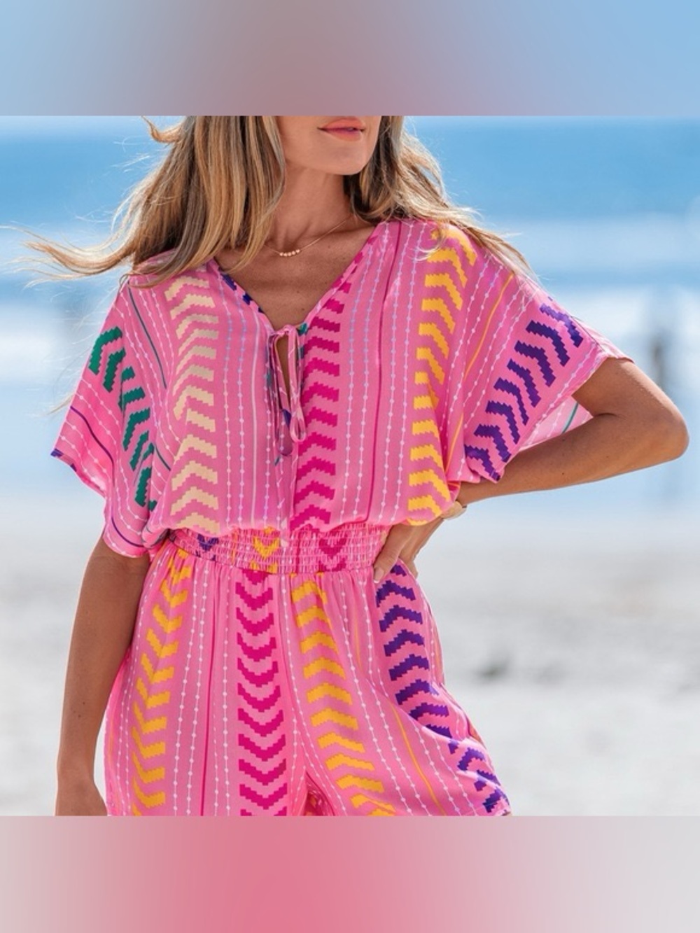 Cupshe Pink Chevron & Dot Beach Romper